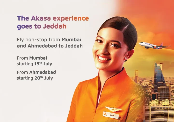 The Akasa experience goes to Jeddah. Fly non-stop from Mumbai and Ahmedabad to Jeddah. Starting 8 June 2024. Book now.